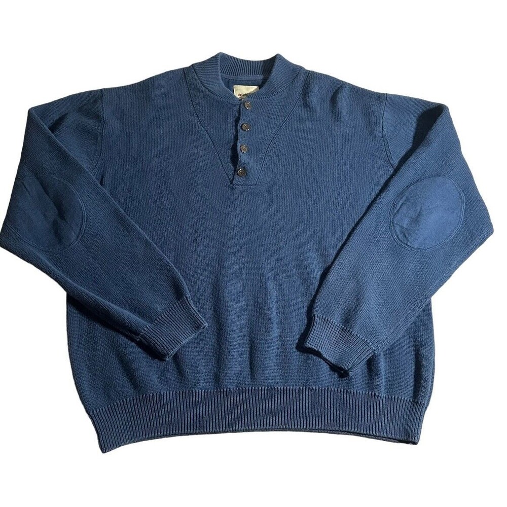 GANDER MTN Button CrewNeck Pullover Blue Knit Sweater Men's Size L Padded Elbows